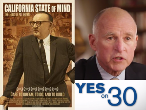 The cover poster from the film "California State of Mind" and a photo from Gov. Jerry Brown's campaign literature.
