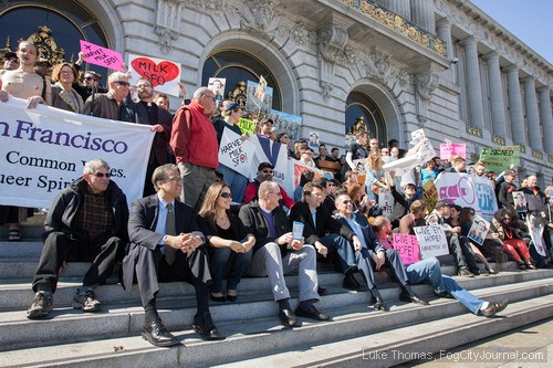 A rally was held on the steps of City Hall, 2/22/12, in an effort to drum up support for the honorific renaming of San Francisco International Airport after Harvey Milk.  Photos by Luke Thomas.