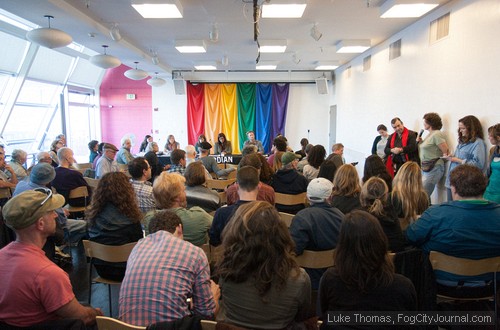 As many as 100 people attended a community forum Wednesday sponsored by the San Francisco Bay Guardian.  Photos by Luke Thomas.