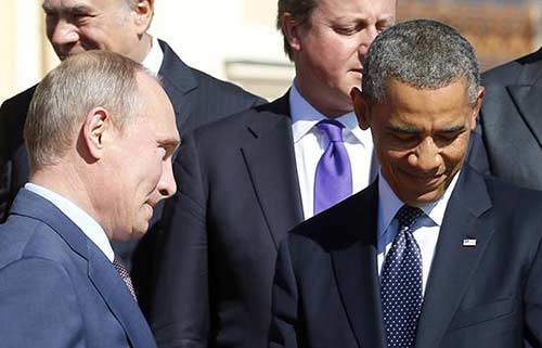 Russian President Vladimir Putin and President Barack Obama at the G20 Summit in St. Petersburg on Friday. Photo by Kevin Lamarque.