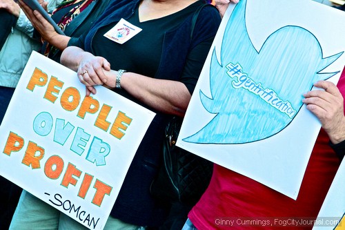 A demonstration was held outside Twitter headquarters on Thursday to draw attention to sky-rocketing rents and evictions tied to an influx of high-income tech workers in San Francisco.  Photos by Ginny Cummings.