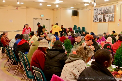 Scores of seniors enjoy a hearty holiday meal at Glide Memorial Church in San Francisco.  Photos by Ginny Cummings.