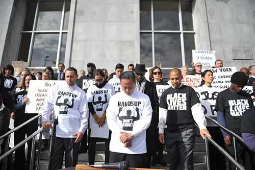 San Francisco Public Defender Jeff Adachi joined hundreds of public defenders across the Bay Area today in a coordinated protest against racial injustice and to stand in solidarity with protesters in New York, Ferguson and across the nation over a recent spate of controversial police killings of unarmed black men.  Photo by Richard Bui.