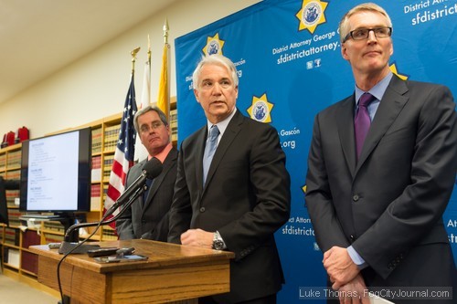 San Francisco District Attorney Gascón (center), with City Attorney Dennis Herrera (left) and FBI Special Agent In Charge David J. Johnson (right) by his side, today filed corruption charges against a former city officials. Photos by Luke Thomas.