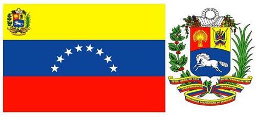 The flag of Venezuela horizontally striped yellow-blue-red national flag with an arc of eight white stars in the centre. When displayed by the government, the flag incorporates the national coat of arms in its upper hoist corner.